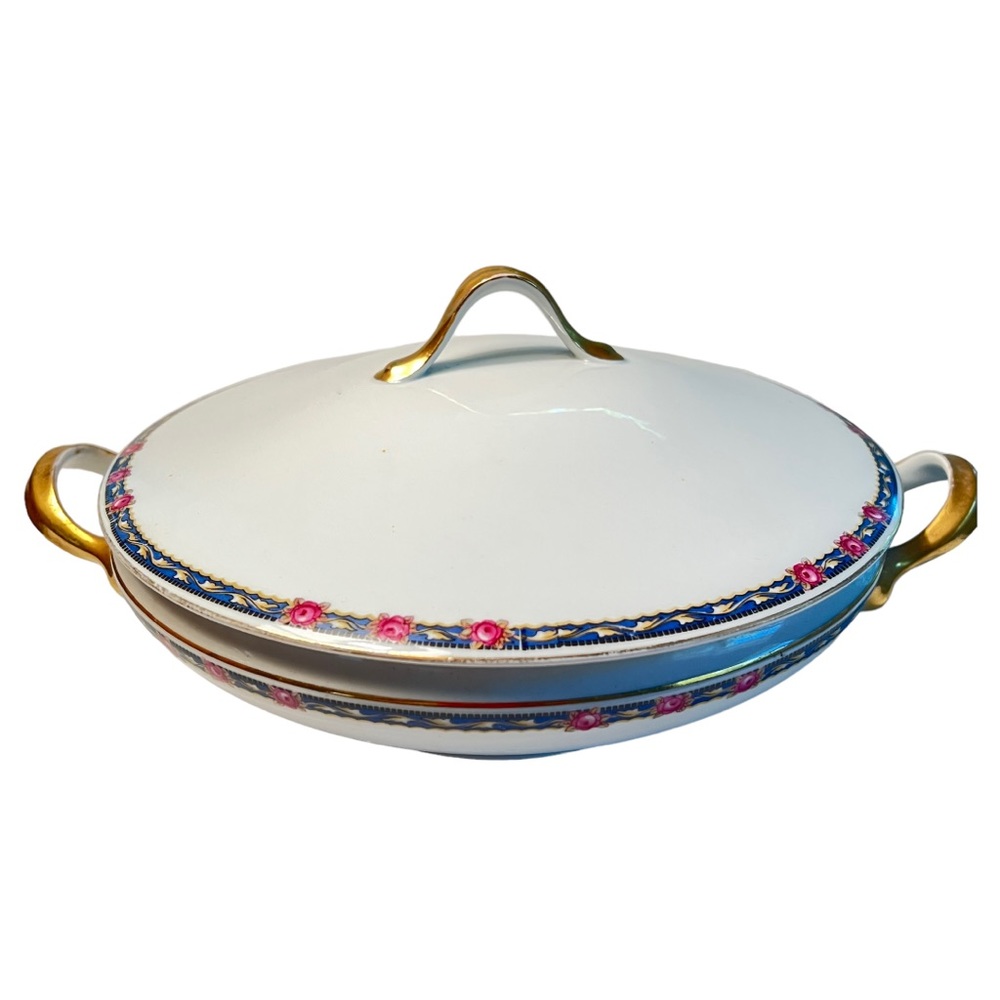 VINTAGE Covered Vegetable Dish with Gold Handles Navy Blue band of flowers - Picture 5 of 16